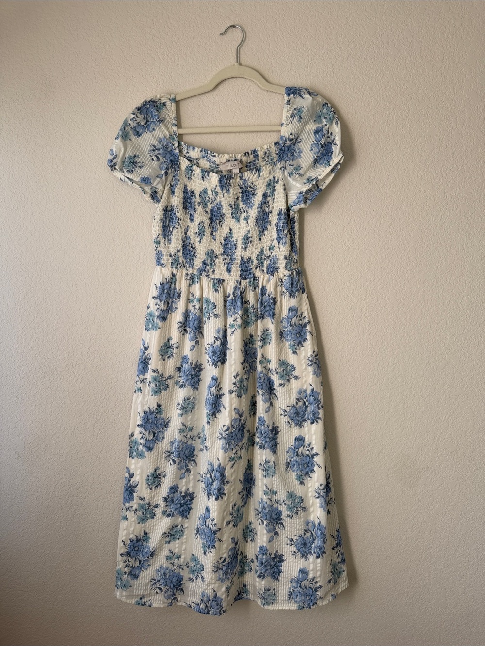 LOFT Cream Midi Dress with Blue Floral Print